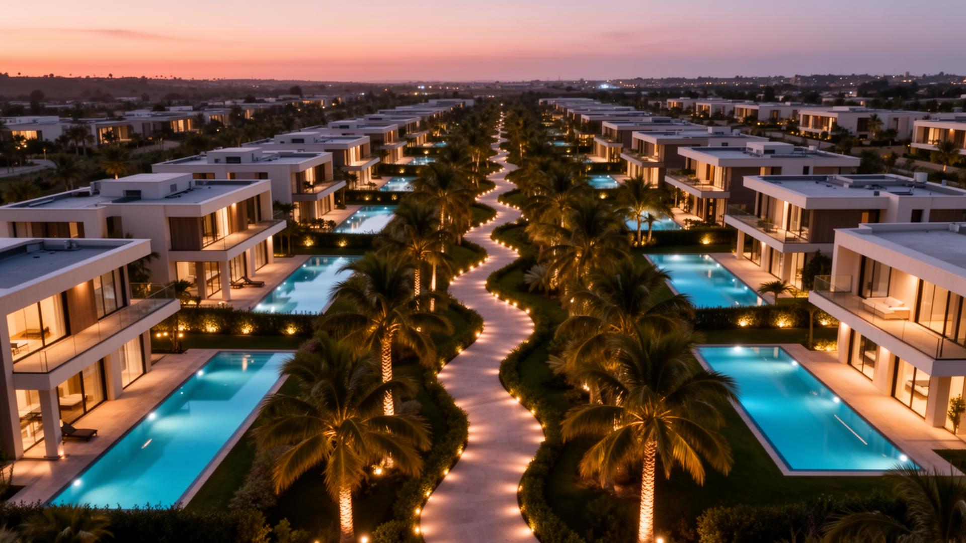 Luxury villa community at twilight